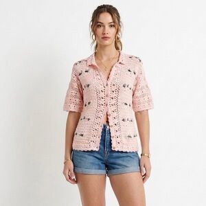 Vintage Cottagecore Pink Crochet Cardigan Floral Embroidered Boho Fashion Bug L